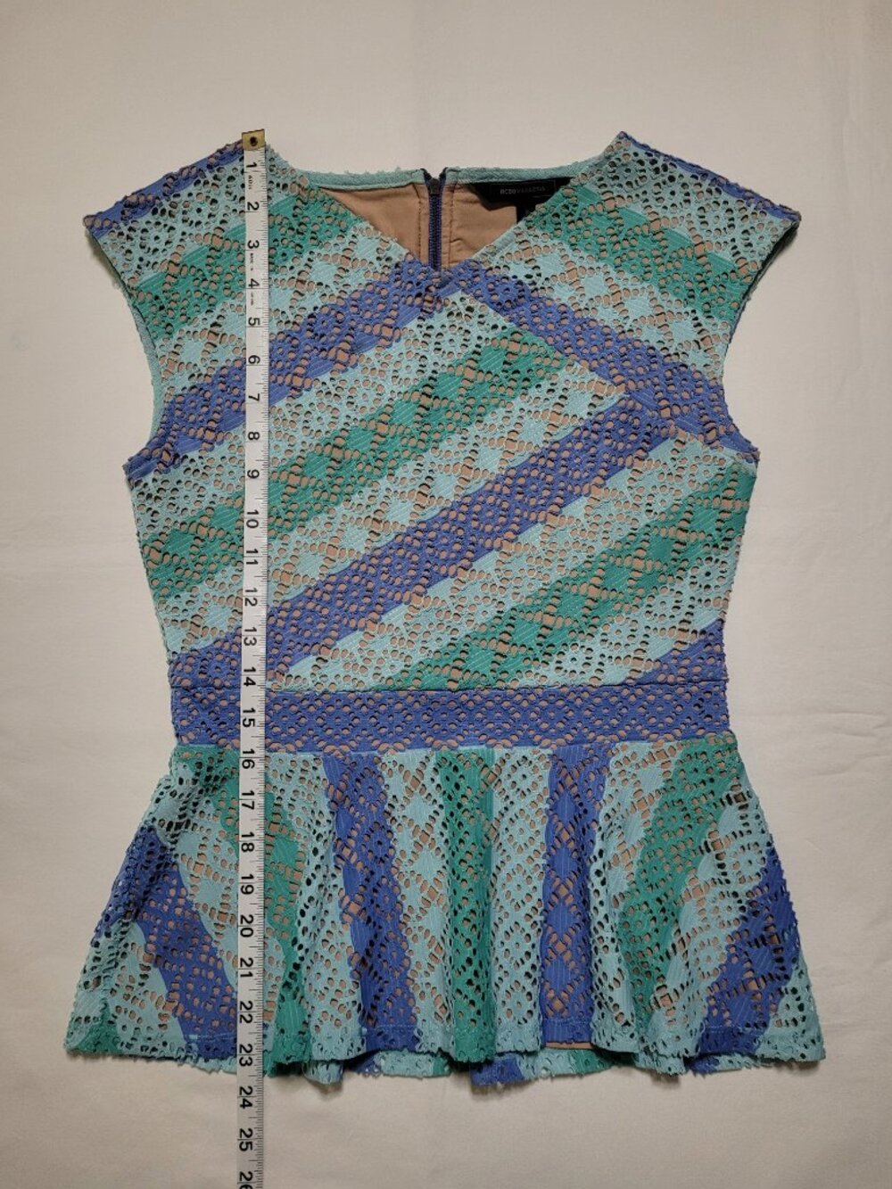BCBGMAXAZRIA Heidy Lace Peplum Top Aqua Combo Stripe Small Quiet Luxury - Picture 6 of 10